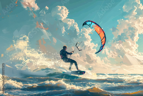 Adventurous young man riding the waves while kitesurfing in the ocean