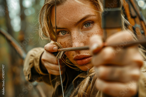 Blonde archer in the forest: A stunning huntress taking aim with her bow