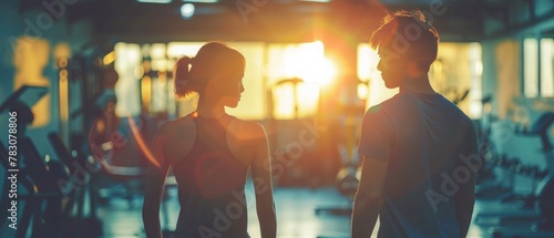 blurred image of young couple doing workout in a gym room