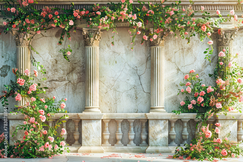Graceful Grecian Beauty: Ancient Wall, Pillars, and Balcony with Spring Floral Arch in Straight-On View