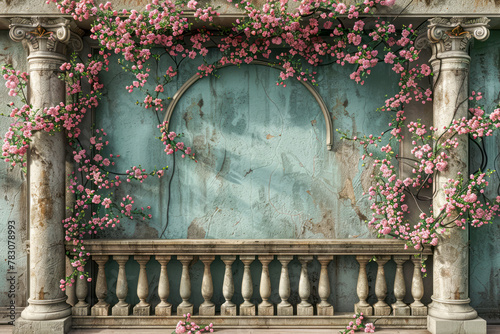 Grecian Splendor: Ancient Pillars and Floral Arch on Balcony
