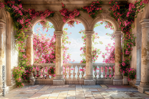 Enchanting Grecian Architecture: A Stunning View of Ancient Pillars, Balcony, and Spring Floral Arch