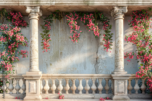 Springtime Serenity: Ancient Grecian Balcony and Floral Arch in Straight-On View