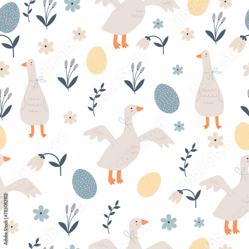 Spring cartoon seamless pattern with cute goose. Happy Easter print in flat style and pastel colors