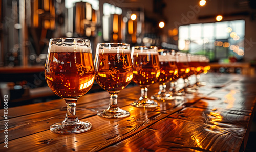 Elegant Craft Beer Tasting - Rustic Brewery with Polished Glasses on Wooden Table