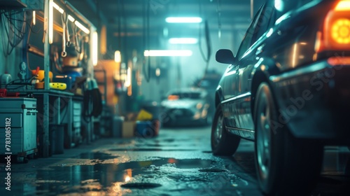 car repair in garage service station with soft-focus and over light in the background