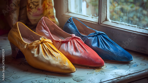 Velvety Ballet Slippers Displayed in Jewel Toned Hues Near a Window Capturing the Elegance and of Dance