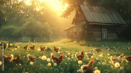 A flock of chickens enjoys the warmth of a sunset in a peaceful farmyard with a rustic wooden cabin and blooming dandelions.