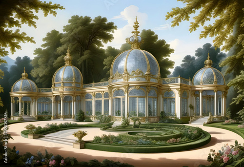 Zeichnung von einem mit Gold verziertes Haus mit verzierten Glasskuppeln und Säulen am Waldrand. Ein luxuriöser schlossartiger Vorgarten mit feudalem Eingangsbereich führt zu dem Glashaus.