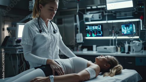 a woman lying on a table with her stomach up while the doctor caresses it and gently moves its muscles, showing playful energy as she wears casual in a bright medical office environment
