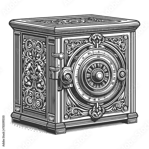 safe with a detailed combination lock and floral patterns, evoking a sense of security and elegance sketch engraving generative ai vector illustration. Scratch board imitation. Black and white image.