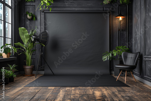 Professional Photo Studio Setup With Lights, Plants, and Modern Chair, copy space