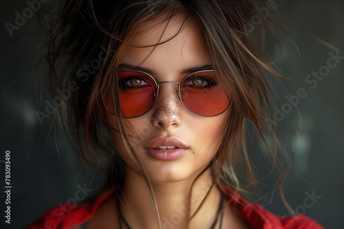 Woman with red sunglasses looking sultry
