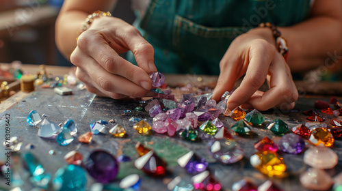 Close-up of gemstones with a jeweller examining the multi-coloured jewels