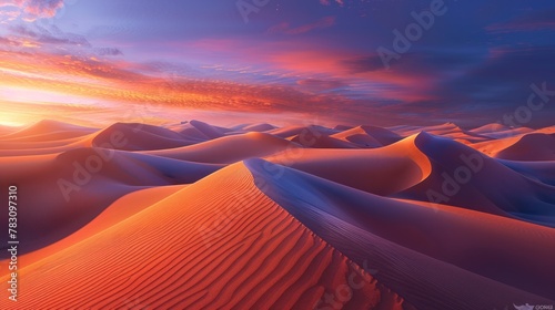 The first light of sunrise ignites the Sahara Deserts undulating sand dunes with fiery hues highlighting their majestic curves