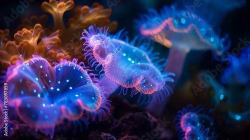 Bioluminescent marine life in biotech research, underwater glow, exploring deep sea genetics ar 169