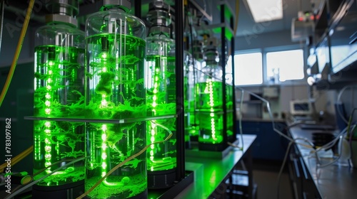 Bioreactors glowing in dim lab, algae biofuel production, green energy future ar 43