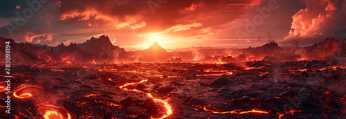 vast hellscape where fire is visible, beautiful and eerie landscapes. Generative AI