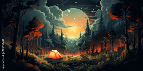 Illustration of a horizontal night fairytale landscape. A tourist tent in a clearing in a scary magical forest, a huge moon in the sky.