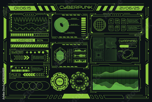 Retro cyberpunk. Abstract poster. Neon grid graphic design. 3D HUD chart icon. Modern techno rave background. Green line frame. World sphere. Data infographic. Digital typography. Vector garish set