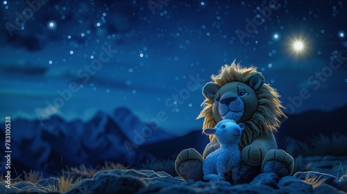 A plush lion and sheep against a backdrop of the majestic night sky, invoking tales of friendship and adventure, ideal for children's storybooks and educational materials