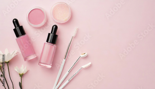 Top view of beauty blenders pink eye patches lip gloss glass dropper bottle on pink background with copy space