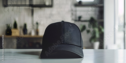 Black polyester Sports Baseball Hat Baseball Fitted spring cap on white table with bokeh background