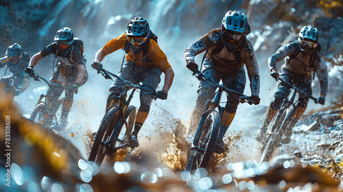 Fearless Mountain Bikers Navigating Treacherous Downhill Course in Intense Competition