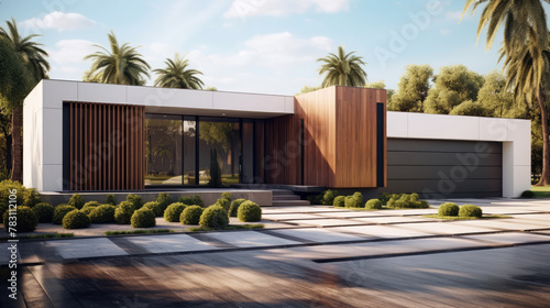 Modern ranch style minimalist cubic house with garage and landscaping design front yard. Residential architecture exterior with wooden cladding and white walls. Generative AI