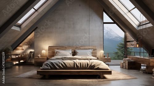 Interior design of modern bedroom in attic with wooden beams, lining and concrete walls. Generative AI