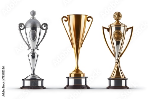 Winner award podium three prizes, silver, gold, bronze, trophies on white background