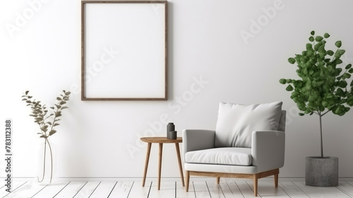 Gray armchair against of white wall with empty mock up poster frame. Scandinavian interior design of modern living room. Generative AI