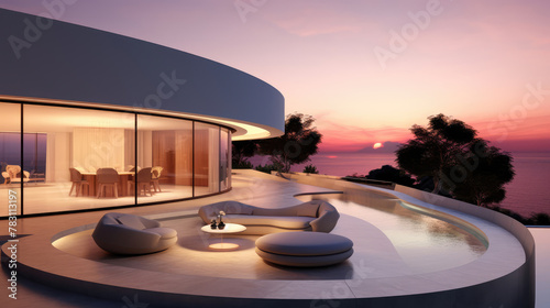 Modern minimalist round and curved shaped luxury house. Villa with terrace on sea shore at sunset. Generative AI