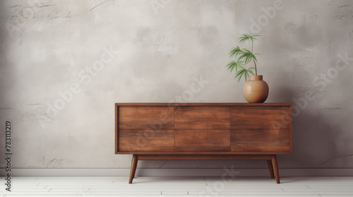 Retro wooden dresser against concrete wall. Vintage home interior design of modern living room. Generative AI