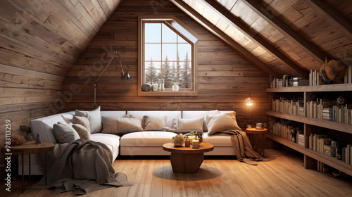 Cozy attic with wooden lining wall. Interior design of modern be Generative AI
