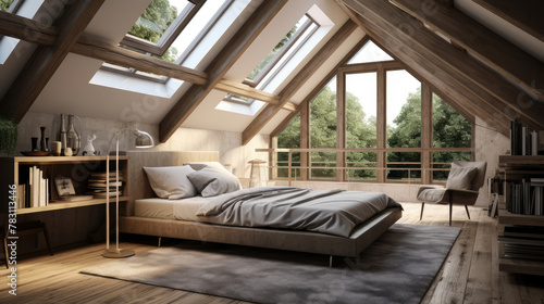Interior design of modern bedroom in attic with wooden beams and Generative AI