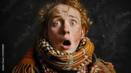 A man with red hair and a scarf wrapped around his neck is looking surprised. The scarf is orange and has a pattern of squares