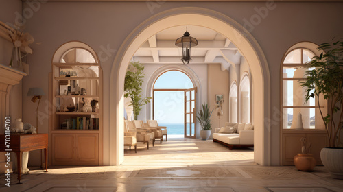 Interior design of greek island style entrance hall with arched doorway. Generative AI