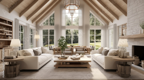 Interior design of modern living room in farmhouse with vaulted ceiling. Generative AI