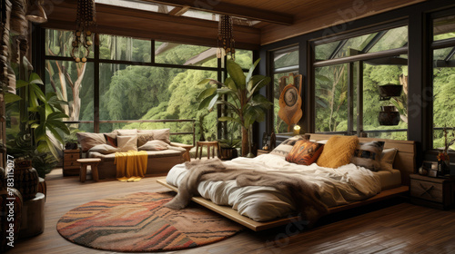 Eclectic or bohemian interior design of modern bedroom. Generative AI