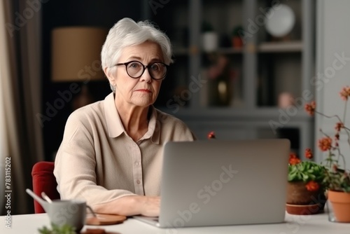 Senior woman with glasses concentrating on a laptop screen in a cozy home environment. Elderly Woman Focused on Laptop at Home