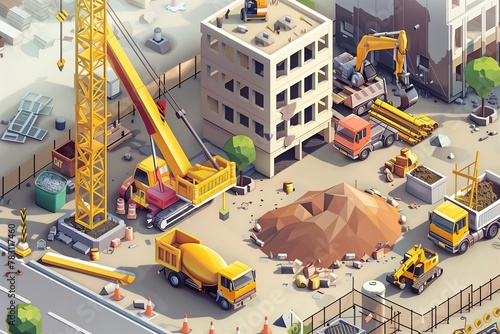 Isometric illustration of a construction site with cranes, trucks and equipment