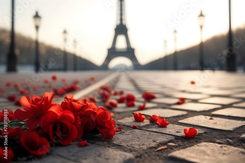 Closeup on red flowers on ground with Eiffel Tower blurred background, valentine, vacation, travel, love concept