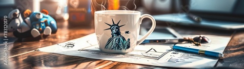 A coffee mug emblazoned with a faded image of the Statue of Liberty