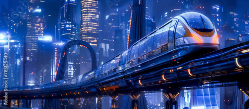 Futuristic cityscape with a sleek monorail train gliding on elevated tracks amid illuminated skyscrapers under a night sky.