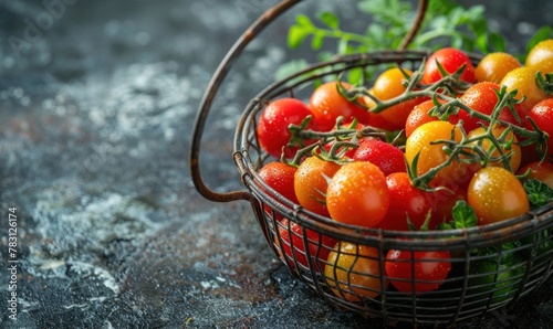 The rustic charm of a metal basket brimming with plump cherry tomatoes on a dark surface evokes a sense of freshness and authenticity. 