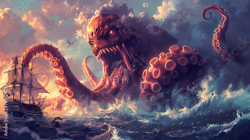 A cartoon kraken monster releasing a huge splash as it attacks a pirate ship, tentacles and water everywhere