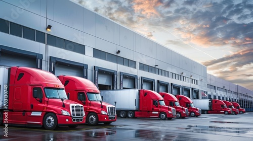 Row of red semi trucks parked in front of a distribution center building, ready for loading or unloading