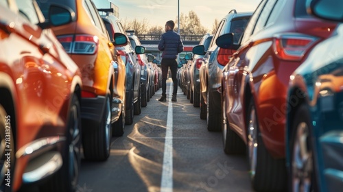 A man inspects preowned cars on a dealership lot, standing between rows of parked vehicles