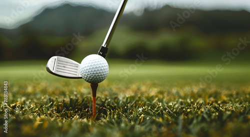 Golf ball on a tee with a club approaching